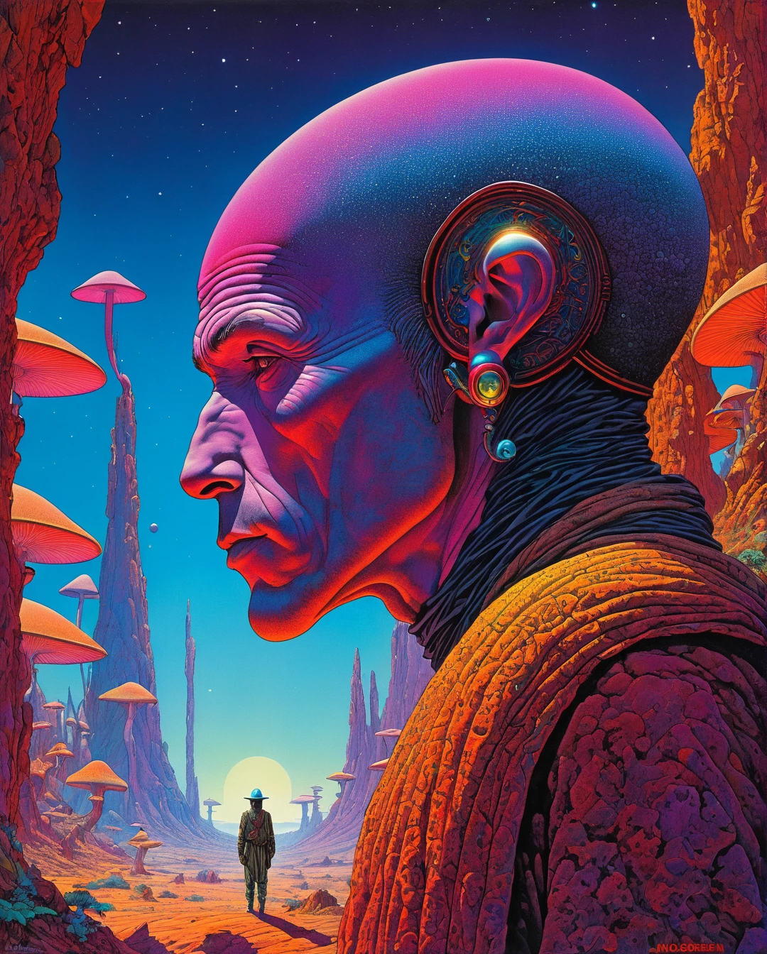 Solo, 1male, very old age, Saudi Arabian Bedouin, Duotone, Red and Black Only, in a distant rock, in the style ofrichard corben, brothershildebrandt, distinctive noses,space art, darkly detailed,mars ravelo, dark silver andcrimson, Moebius (Jean Giraud) Style - A picture by Jean Giraud Moebius, ((masterpiece)), ((best quality)), (masterpiece, highest quality), (masterpiece), (masterpiece, best quality),futuristic style A beautiful illustration of the mathematics of a tattooed alien, digital art, rainbow colors, very detailed face, magical mushroom forest in the background .sleek, modern, ultramodern, high tech, detailed, blacklight makeup PsyAI, Psychedelic, Visionary art, DMT, LSD style by Moebius

