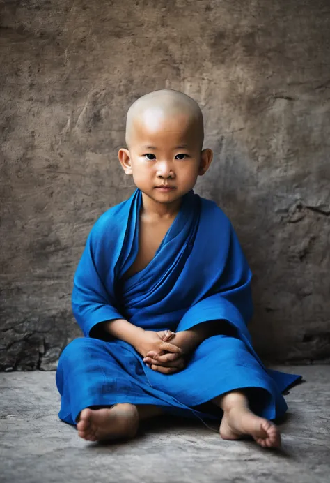 little monk, no hair，blue clothes