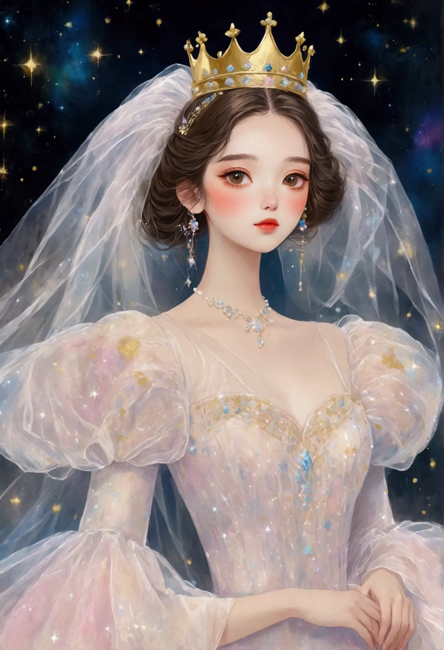 a pastel painting。1 beautiful and elegant girl，golden crown，veil，puffy tulle dress，exaggerated sleeves，fluffy，fluffy白色薄纱，dreamy ...