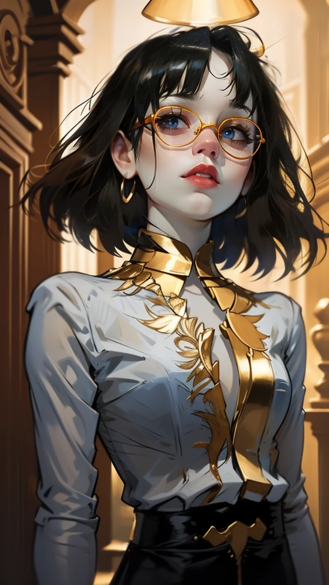 Sam Yang, (((1girl))), one girl named Phoebe, Volumetric lighting, solo, portrait, very detailed skin, (detailed skin:1.2), (blunt bang + brown hair + very detailed bobcut:1.3), glasses, red eyes, triangle face shape, closed mouth, using magic, gold flowing magic effects, magic around her, flowing black silk robe, golden embroidery, golden belt, dynamic pose, confident look, gold jewelry. soft shadows, hard shadows, light on face, SamDoesArts style, shadow, solo, upper body, Magic teacher outfit, intelligence, wisdom, knowledge, power, 20 years old, blurry background, depth, old room background, beautiful face, perfect skin, beautiful detailed girl, detailed fingers, extremely detailed eyes and face, ((glasses)), beautiful detailed nose, beautiful detailed eyes with glasses, long eyelashes, pureerosface_v1:0.5, depth of field, cinematic lighting, ((masterpiece)), UHD, masterpiece, 8k