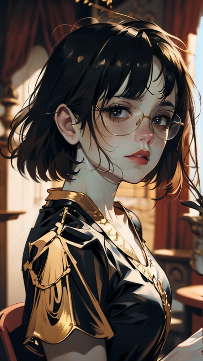 Sam Yang, (((1girl))), one girl named Phoebe, Volumetric lighting, solo, portrait, very detailed skin, (detailed skin:1.2), (blunt bang + brown hair + very detailed bobcut:1.3), glasses, red eyes, triangle face shape, closed mouth, using magic, gold flowing magic effects, magic around her, flowing black silk robe, golden embroidery, golden belt, dynamic pose, confident look, gold jewelry. soft shadows, hard shadows, light on face, SamDoesArts style, shadow, solo, upper body, Magic teacher outfit, intelligence, wisdom, knowledge, power, 20 years old, blurry background, depth, old room background, beautiful face, perfect skin, beautiful detailed girl, detailed fingers, extremely detailed eyes and face, ((glasses)), beautiful detailed nose, beautiful detailed eyes with glasses, long eyelashes, pureerosface_v1:0.5, depth of field, cinematic lighting, ((masterpiece)), UHD, masterpiece, 8k