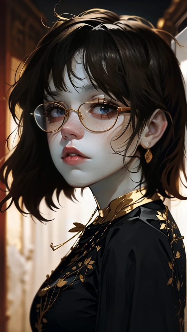 Sam Yang, (((1girl))), one girl named Phoebe, Volumetric lighting, solo, portrait, very detailed skin, (detailed skin:1.2), (blunt bang + brown hair + very detailed bobcut:1.3), glasses, red eyes, triangle face shape, closed mouth, using magic, gold flowing magic effects, magic around her, flowing black silk robe, golden embroidery, golden belt, dynamic pose, confident look, gold jewelry. soft shadows, hard shadows, light on face, SamDoesArts style, shadow, solo, upper body, Magic teacher outfit, intelligence, wisdom, knowledge, power, 20 years old, blurry background, depth, old room background, beautiful face, perfect skin, beautiful detailed girl, detailed fingers, extremely detailed eyes and face, ((glasses)), beautiful detailed nose, beautiful detailed eyes with glasses, long eyelashes, pureerosface_v1:0.5, depth of field, cinematic lighting, ((masterpiece)), UHD, masterpiece, 8k