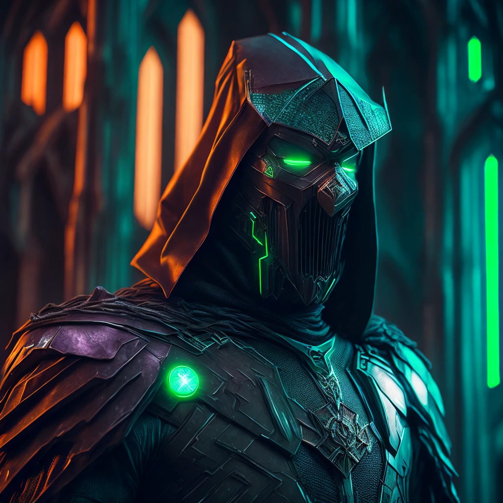 grim portrait of Marvel's Doctor Doom with intricate angular cybernetic implants inside a brutalist building, gothic brutalist cathedral, cyberpunk, Foto premiada, Bokeh, Neon lights, cybernetic limb