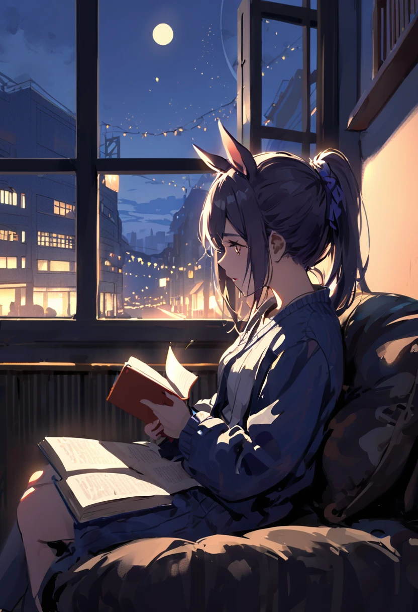 A girl wearing horse ears sitting on a sofa and reading a book,In front of a large window,Night view,Streetscape、８K