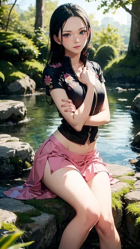 masterpiece,1 girl, nico robin,beautiful face, sitting on lake, stones, beautiful trees, beautiful pink petals, wearing salong s...