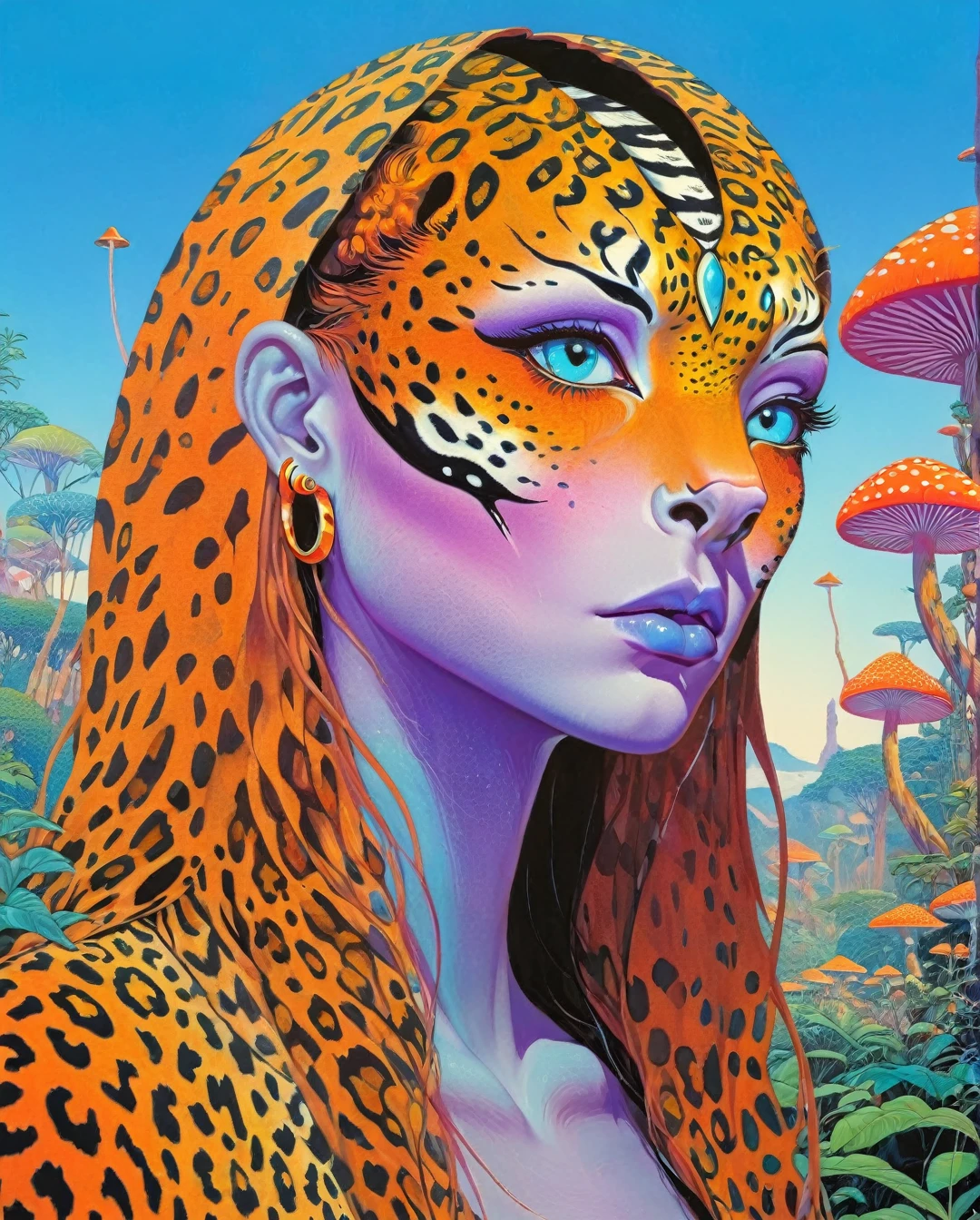 Uma criatura laranja como um leopardo, Manchas de leopardo com listras de zebra no rosto, olhos azuis claros, Ele usa uma capa do deserto, fr4z3tt4 ,mais detalhes XL,arte por sargent, Moebius (Jean Giraud) Estilo - Uma foto de Jean GiRaud Moebius, ((obra de arte)), ((melhor qualidade)), (obra de arte, mais alta qualidade), (obra de arte), (obra de arte, melhor qualidade),estilo futurista Uma bela ilustração da matemática de um alienígena tatuado, arte digital, cores do arco-íris, very detalhado face, floresta mágica de cogumelos ao fundo .lustroso, moderno, ultramoderno, alta tecnologia, detalhado, maquiagem luz negra PsyAI, psicodélico, Arte Visionária, DMT, Estilo LSD de Moebius

