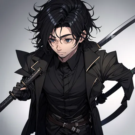 man wearing black overcoat, he has a katana sword, blackquality hair, fully body