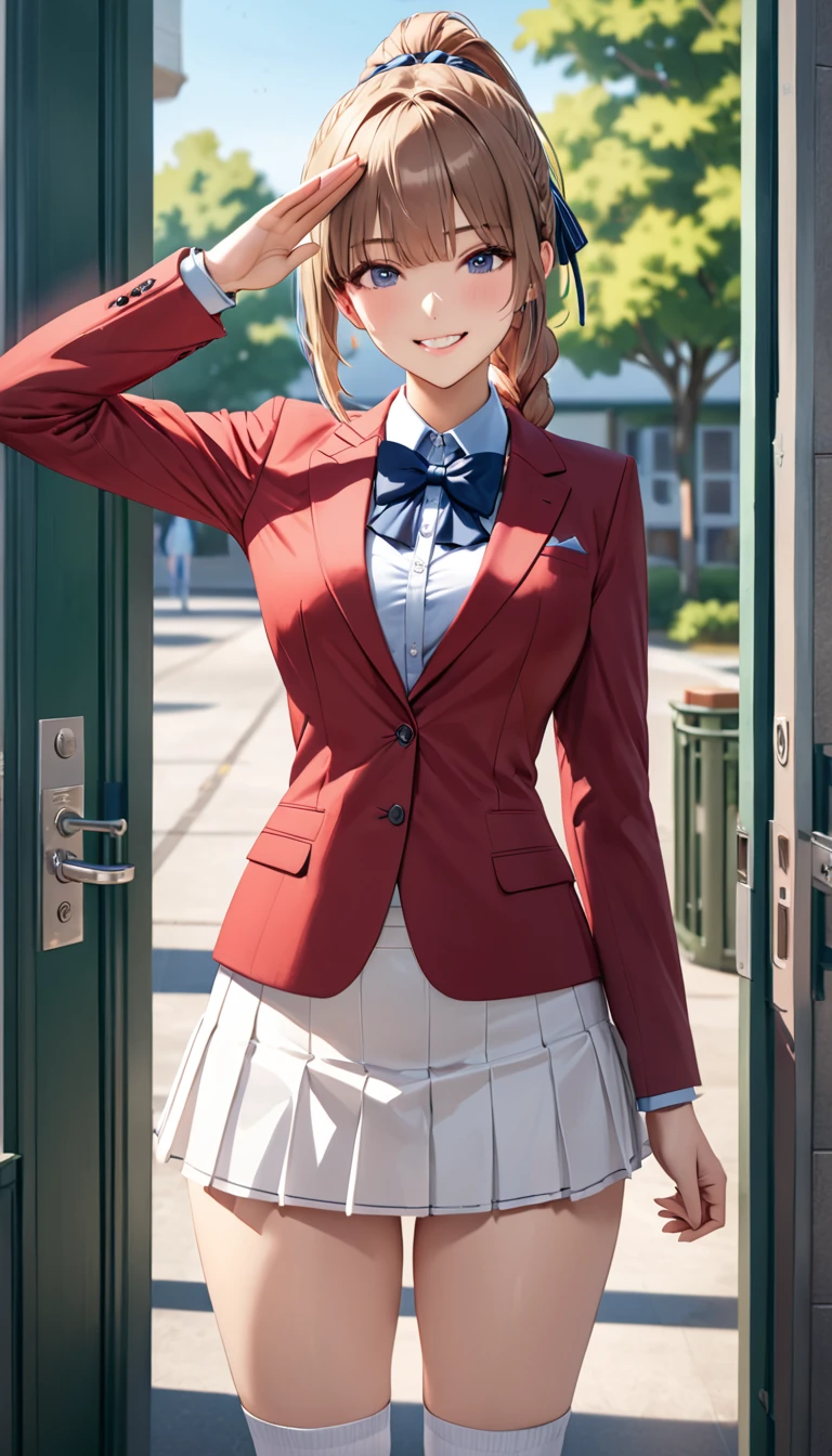 masterpiece, best quality, highres, ponytail hair, (single braid:1.2), hair ribbon, red blazer,buttoned blazer, blue bowtie, white skirt,knee socks ,standing ,put hand on hip,salute,from front,cowboy shot,spread legs ,back ground school entrance ,smile