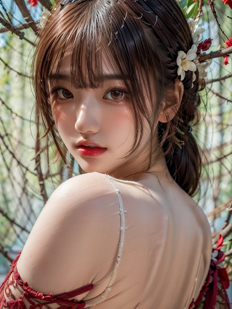 Portraiture、White Background、Professional Lighting、Backlight、Off the shoulder、Lace fabric 1.5、Transparent skin type、Transparent skin tone、Beautiful Skin、Red lips、Tabletop