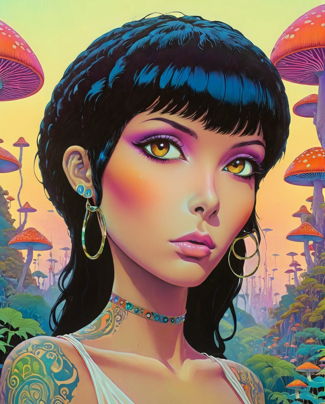 Uma mulher rebelde da Arábia Saudita, seu cabelo preto penteado em um visual inspirado no punk rock, complementa seus olhos castanhos e pele bronzeada clara. A imagem, possivelmente uma pintura vibrante ou uma fotografia impressionante, captura seu estilo ousado e único com precisão. Cada detalhe, desde suas roupas ousadas até sua aparência não convencional, exala um ar de confiança e individualidade. A alta qualidade da imagem permite que os espectadores apreciem verdadeiramente a essência de sua beleza e autoexpressão não convencionais..., Moebius (Jean Giraud) Estilo - Uma foto de Jean GiRaud Moebius, ((obra de arte)), ((melhor qualidade)), (obra de arte, mais alta qualidade), (obra de arte), (obra de arte, melhor qualidade),estilo futurista Uma bela ilustração da matemática de um alienígena tatuado, arte digital, cores do arco-íris, very detalhado face, floresta mágica de cogumelos ao fundo .lustroso, moderno, ultramoderno, alta tecnologia, detalhado, maquiagem luz negra PsyAI, psicodélico, Arte Visionária, DMT, Estilo LSD de Moebius

