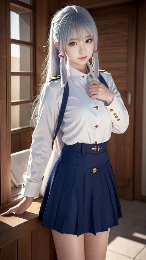 reality, high resolution, soft lighting, 1 female, solitary, hips up, blue eyes, white long hair, military uniform, jacket, shir...