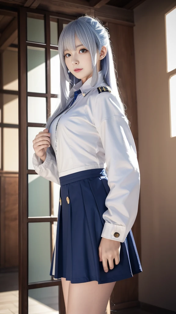 Reality, high resolution, Soft lighting, 1 female, Solitary, Hips up, blue eyes, White long hair, military uniform, jacket, shirt, skirt