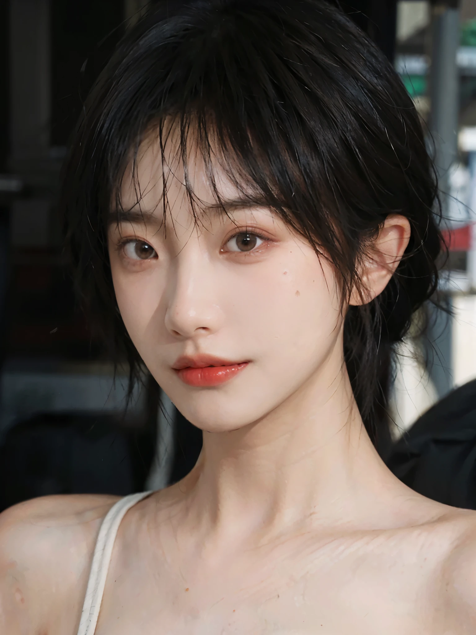 (Skin details:1.4), (smooth skin textures:1.3), （Upper body：1.4），（Upper Body：1.3）Lipstick, background, earrings, serene, calm, (Realistic and detailed eyes：1.2）, Natural skin texture, Realistic facial details, Soft dramatic lighting, Vivid details, 35 mm film, outdoor, (Photo Practical:1.4), (hyper Practical:1.4), (Practical:1.3), (Smoother lighting:1.05), (Improve lighting quality:0.9), (Highest quality real skin textures:1.4), Exquisite eyes, Delicate face, Close-up of face, (Enhance the beauty of skin texture:1.1), Hair details,（Large Breasts：1.3）normal body ratio, short hair, Moles under the eyes, A faint smile,Portrait Photography, Depth of Field, Bokeh, Surrealism, Ray Tracing, (Portrait Photography:1.1), Surrealism, High Detail, Chiaroscuro, Ray Tracing, reflected light, Ultra HD, Ultra HD, masterpiece, Textured Skin, Super Detail, High Detail, high quality, best quality