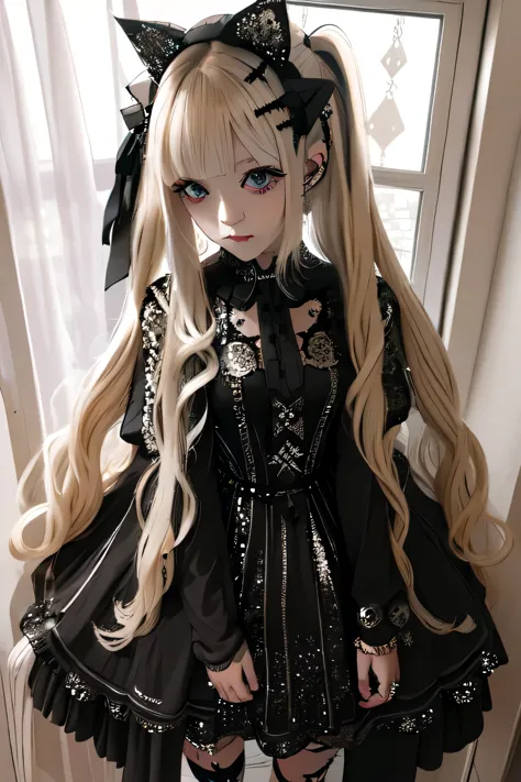 one girl, blonde twin-tail hair, heavy makeup,wearing a black gothic long dress (punk black maid's dress in sequinned fabric), l...