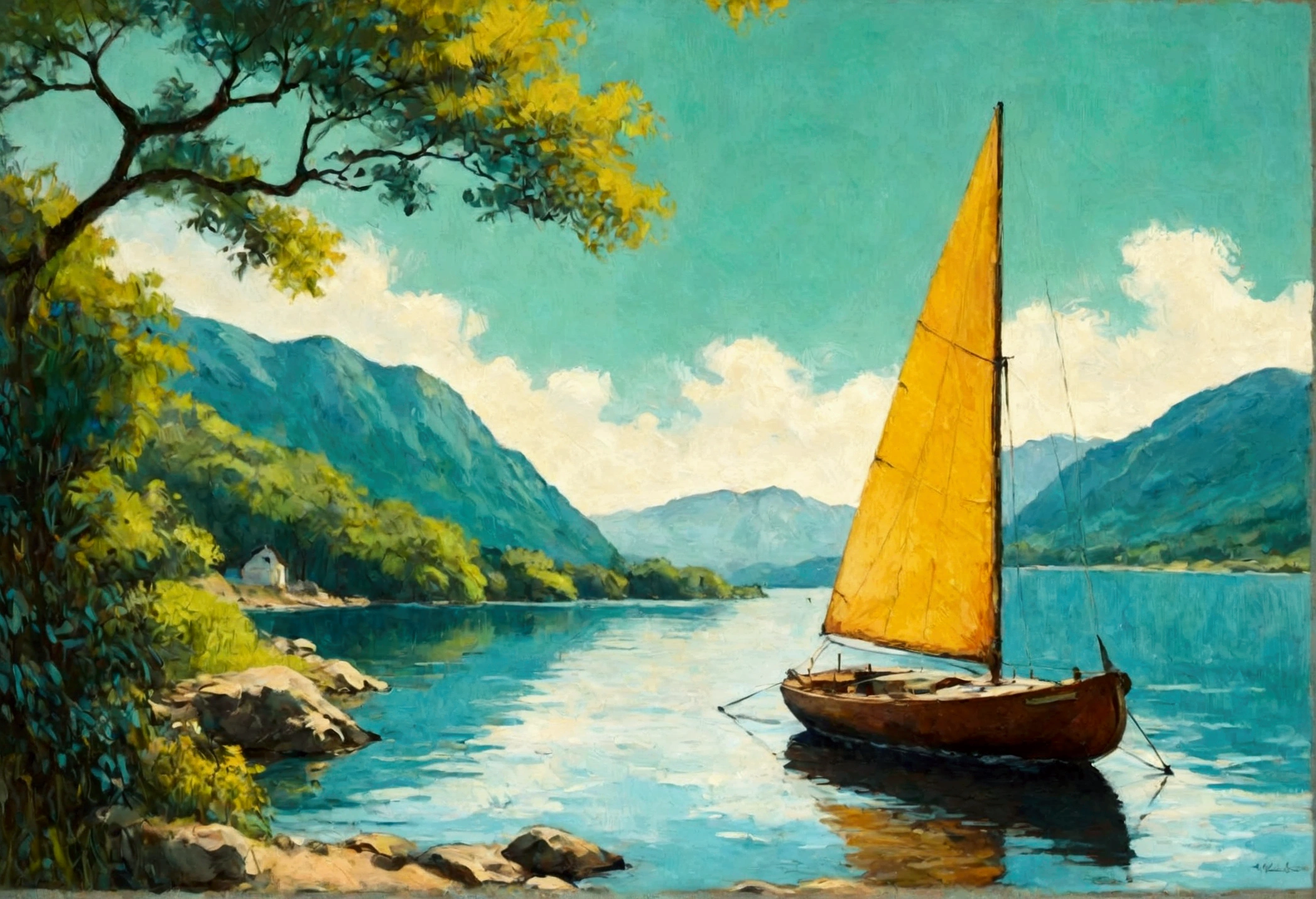 Sailing Boat , Sailing , Sea , Glass Wall Art , Canvas Wall Art, view of a sailings Boat on the waterside of a small lake mountain lake, award-winning, professional, highly detailed in, undefined,. Include vibrant pastel colors, sleek lines, and a retro summer atmosphere. The style should be reminiscent of vintage travel posters with a modern twist, modern art. 