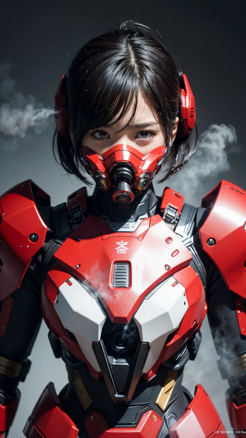 最high quality非常に詳細, Advanced Details, high quality, 最high quality, High resolution, 1080P, hard disk, beautiful,(War Machine),(headgear),See the big picture,beautifulサイボーグ女性,Shining red mecha cyborg girl,BATTLE MODE,Mecha Body Girl　8k bright red body armor　Elementary school girl　Sweaty face　pretty girl　short hair　Gas mask with extension nozzle　short hairボーイッシュ　Steam coming out of my head　My hair is wet with sweat　Black Hair, ((Steam coming out of the mouth))　　Full body portrait