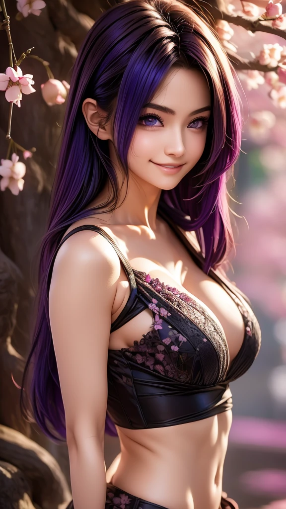 （masterpiece, Need,1girll, Solo, Intricate detail, Up view, color difference), real photo,(front), (shoulder cut), slit, Close-up, smile, Enhance sexy look,Yae Miko, Purple blue hair, purple blue highlights, purple eyes, sharp look, perfectly symmetrical figure, neon shirt, revealing jacket, sweater, leaning against the wall, Brick walls, scribbles, dim lights, alleys, looking at the viewer.（（evil streaks, cleavage is seductive, big breasts are enchanting)) ，（（（cherry blossom background) )), ((((Japanese cherry blossom garden background)))), (((Shine in the dark background)))