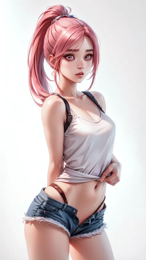 ultra-detailed realistic, 1 girl, standing alone, long pink hair, eye white, bangs over eyes, ponytail hair style, hair pulling ...