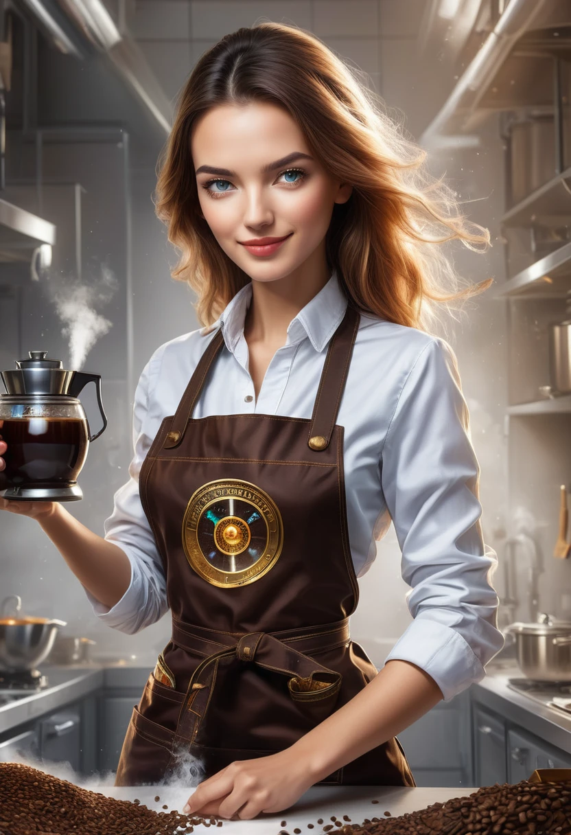 A masterpiece of ultra-fine detail, Dynamic, excellent quality,Women&#39;s Coffee, The transparent and ethereal entity embodies the essence of coffee,
          The aroma of freshly brewed coffee, Eyes sparkling like coffee beans,
          Steam vortex, Human-like form, vitality, inspiration, warmth, Comfortable morning, kitchen, Spreading comfort and alertness,
          Accessories related to coffee culture, Barista Apron DonMSp3ctr4l