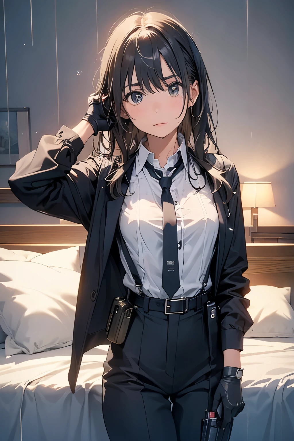 1 female, , high quality, masterpiece, Ultra-high resolution, , Cinema Lighting, , , And the suspenders with the cranes flying　　　Large Breasts　 　 　　　　Small face　 　　　holster　　　　　　　 Lying in bed　Looking up　　　　Sweat 　　　belt　summer　脇Sweat 　Black Hole Gloves　suit　shirt　　Black jacket　 Black trousers　Leg Links　ズボンにbelt　　holster　 　　Hands behind your back　 Anxious expression　Looking up　Anxious face, legs apart　Armament　Handgun　handcuffs　Cable ties　レッグholster　holster　See-through clothing　heavy rain　Getting wet in the rain