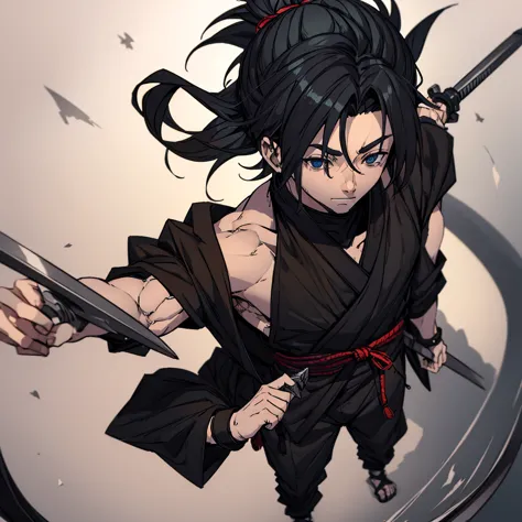 man wearing black ninja robes, he has a kunai in his hand, fully body