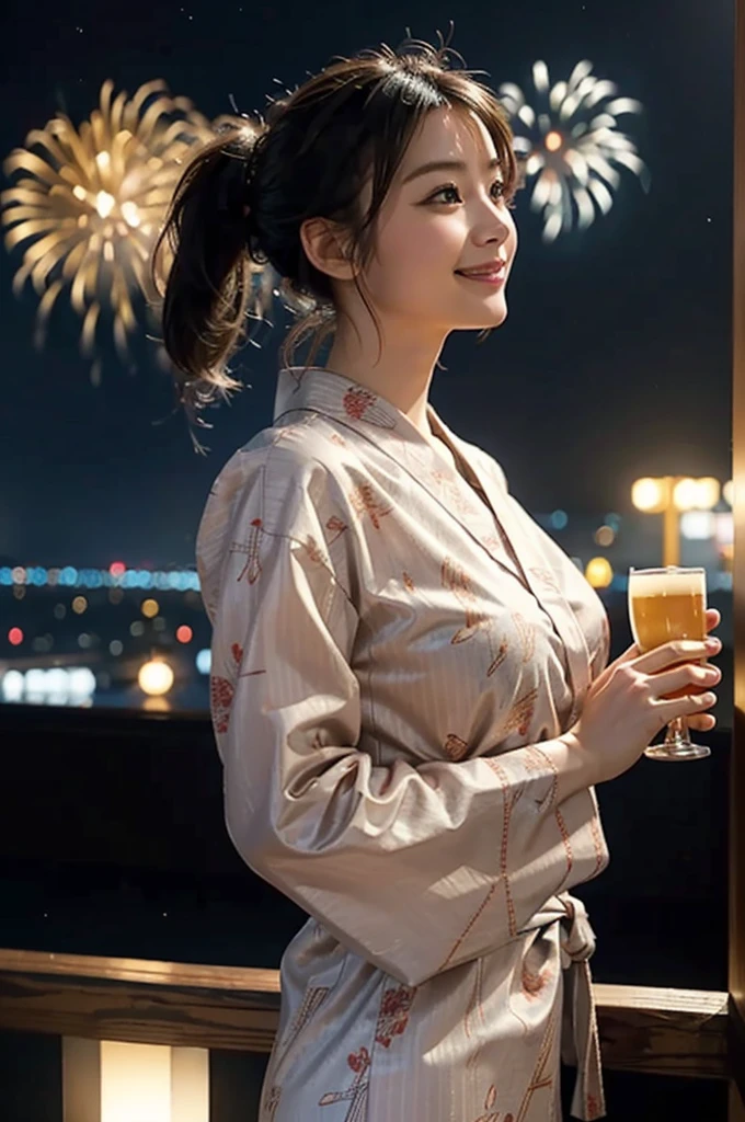 firework Display,8K,Professional Lighting ,Near and far in the air ,Ultra-high resolution ,(Like the picture: 1.1) ,Detailed face ,pretty girl ,Patterned yukata ,Smiling, looking up at the sky、profile、,firework ,Pause ,(Breast bulge: 1.1) ,Soft Light ,Big River ,ponytail ,Wide-angle camera、With a beer in hand、cheers