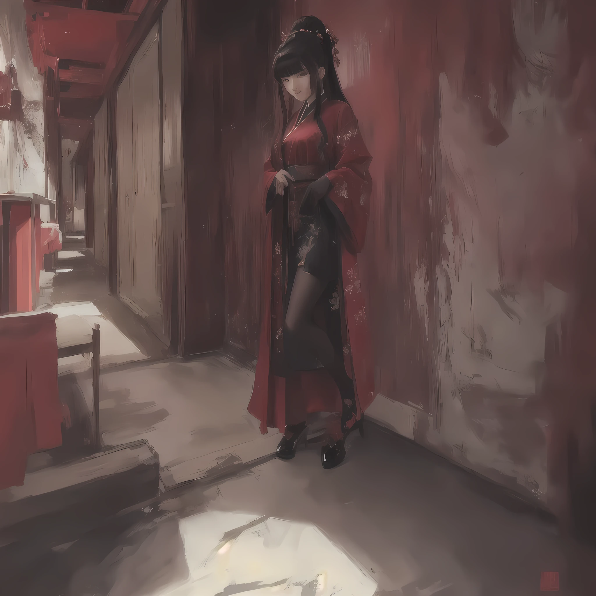 Peinture de style anime représentant une femme vêtue d’une robe rouge debout dans un couloir, Gwaiz, par Shimo, œuvres d&#39;art dans le style de Gwaiz, Gwaiz sur Pixiv artstation, Gwaiz sur artstation Pixiv, Jan J., palais ， Fille en robe Han, Inspiré par Chung Fenghua