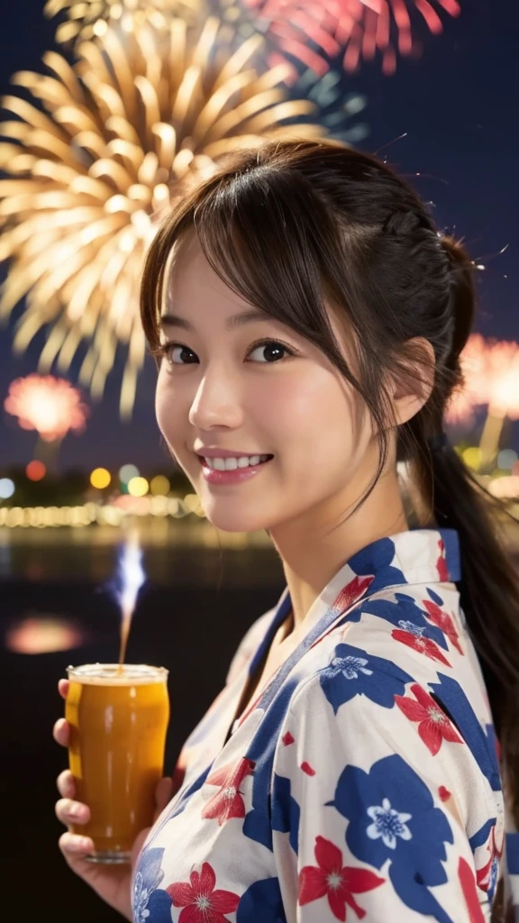 firework Display,8K,Professional Lighting ,Near and far in the air ,Ultra-high resolution ,(Like the picture: 1.1) ,Detailed face ,pretty girl ,Patterned yukata ,Smiling, looking up at the sky、profile、,firework ,Pause ,(Breast bulge: 1.1) ,Soft Light ,Big River ,ponytail ,Wide-angle camera、With a beer in hand、cheers