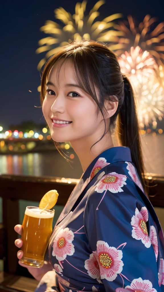 firework Display,8K,Professional Lighting ,Near and far in the air ,Ultra-high resolution ,(Like the picture: 1.1) ,Detailed face ,pretty girl ,Patterned yukata ,Smiling, looking up at the sky、profile、,firework ,Pause ,(Breast bulge: 1.1) ,Soft Light ,Big River ,ponytail ,Wide-angle camera、With a beer in hand、cheers