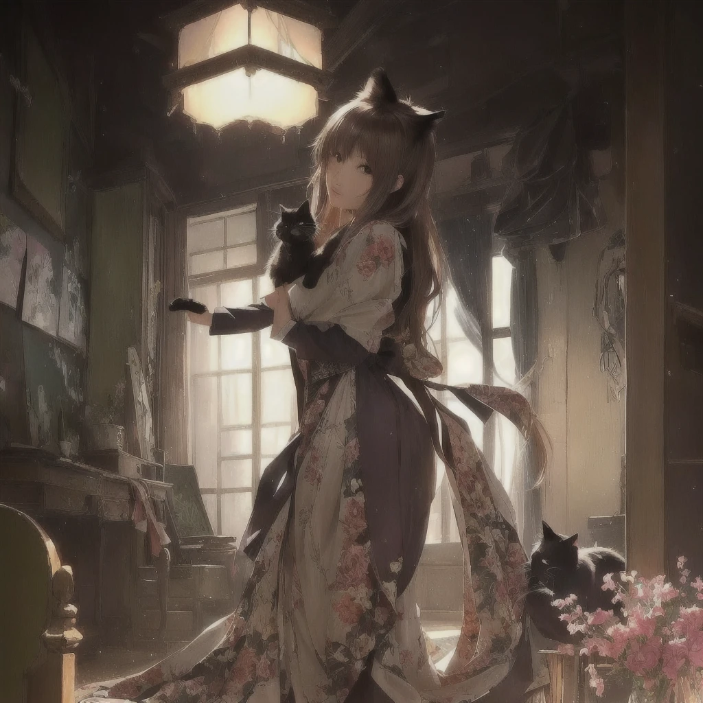 Imagen de estilo anime de una mujer en una habitación con un gato, Gwaiz en pixiv artstation, Gwaiz en artstation pixiv, mejor fondo de pantalla de anime 4k konachan, Tendencias en ArtStation Pixiv, Fondos de pantalla de arte anime 8K, 8K de alta calidad, arte detallado, Gwaiz, ilustraciones de fantasía de anime, fondo de pantalla de arte anime 4k