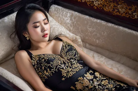 In a striking 8K HDR scene, a stunning Korean woman, 22 years old, lies peacefully in a black coffin surrounded by plush pillows...