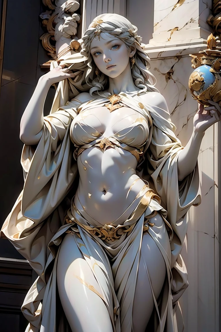 (Marble statue:1.5), Greek Goddess, Full engraving, Laurel wreath, Detailed face, Wearing peplos, A large piece of cloth that is wrapped around the body, topless, Beautiful breasts, well-proportioned body, Feminine body, floating, On a pedestal, Show your chest,Dynamic pose, Floral Base, masterpiece, Highest quality, Very detailed Very detailed, dramatic, Cinema Lighting, Contrast, High resolution, Ultra-realistic, Realistic,