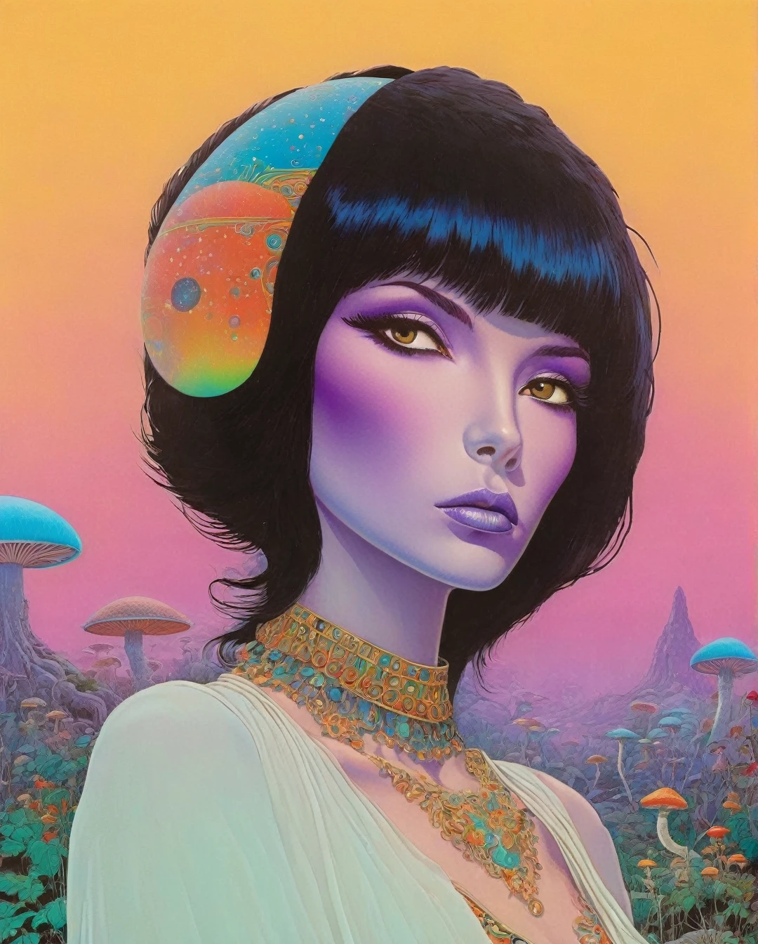 Uma mulher rebelde da Arábia Saudita, seu cabelo preto penteado em um visual inspirado no punk rock, complementa seus olhos castanhos e pele bronzeada clara. A imagem, possivelmente uma pintura vibrante ou uma fotografia impressionante, captura seu estilo ousado e único com precisão. Cada detalhe, desde suas roupas ousadas até sua aparência não convencional, exala um ar de confiança e individualidade. A alta qualidade da imagem permite que os espectadores apreciem verdadeiramente a essência de sua beleza e autoexpressão não convencionais..., Moebius (Jean Giraud) Estilo - Uma foto de Jean GiRaud Moebius, ((obra de arte)), ((melhor qualidade)), (obra de arte, mais alta qualidade), (obra de arte), (obra de arte, melhor qualidade),estilo futurista Uma bela ilustração da matemática de um alienígena tatuado, arte digital, cores do arco-íris, very detalhado face, floresta mágica de cogumelos ao fundo .lustroso, moderno, ultramoderno, alta tecnologia, detalhado, maquiagem luz negra PsyAI, psicodélico, Arte Visionária, DMT, Estilo LSD de Moebius

