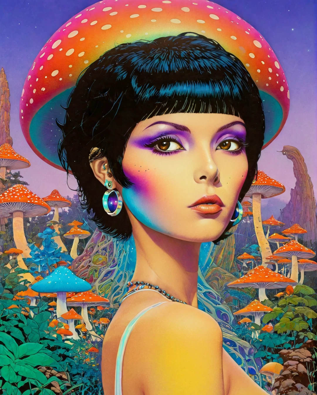 Uma mulher rebelde da Arábia Saudita, seu cabelo preto penteado em um visual inspirado no punk rock, complementa seus olhos castanhos e pele bronzeada clara. A imagem, possivelmente uma pintura vibrante ou uma fotografia impressionante, captura seu estilo ousado e único com precisão. Cada detalhe, desde suas roupas ousadas até sua aparência não convencional, exala um ar de confiança e individualidade. A alta qualidade da imagem permite que os espectadores apreciem verdadeiramente a essência de sua beleza e autoexpressão não convencionais..., Moebius (Jean Giraud) Estilo - Uma foto de Jean GiRaud Moebius, ((obra de arte)), ((melhor qualidade)), (obra de arte, mais alta qualidade), (obra de arte), (obra de arte, melhor qualidade),estilo futurista Uma bela ilustração da matemática de um alienígena tatuado, arte digital, cores do arco-íris, very detalhado face, floresta mágica de cogumelos ao fundo .lustroso, moderno, ultramoderno, alta tecnologia, detalhado, maquiagem luz negra PsyAI, psicodélico, Arte Visionária, DMT, Estilo LSD de Moebius

