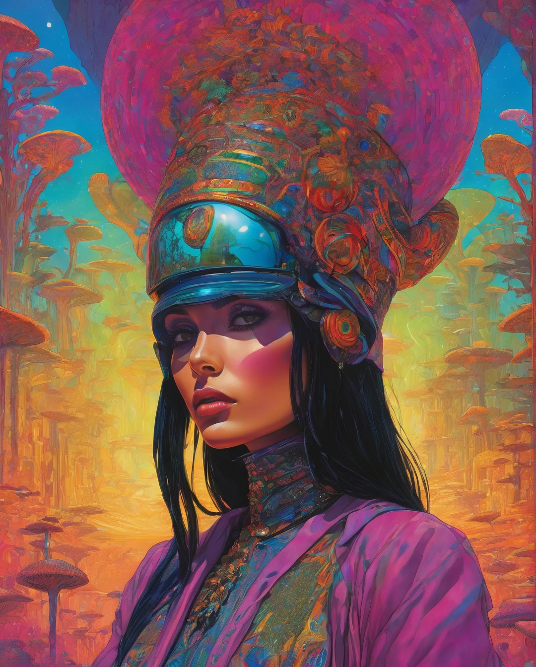 Uma mulher rebelde da Arábia Saudita, seu cabelo preto penteado em um visual inspirado no punk rock, complementa seus olhos castanhos e pele bronzeada clara. A imagem, possivelmente uma pintura vibrante ou uma fotografia impressionante, captura seu estilo ousado e único com precisão. Cada detalhe, desde suas roupas ousadas até sua aparência não convencional, exala um ar de confiança e individualidade. A alta qualidade da imagem permite que os espectadores apreciem verdadeiramente a essência de sua beleza e autoexpressão não convencionais..., Moebius (Jean Giraud) Estilo - Uma foto de Jean GiRaud Moebius, ((obra de arte)), ((melhor qualidade)), (obra de arte, mais alta qualidade), (obra de arte), (obra de arte, melhor qualidade),estilo futurista Uma bela ilustração da matemática de um alienígena tatuado, arte digital, cores do arco-íris, very detalhado face, floresta mágica de cogumelos ao fundo .lustroso, moderno, ultramoderno, alta tecnologia, detalhado, maquiagem luz negra PsyAI, psicodélico, Arte Visionária, DMT, Estilo LSD de Moebius

