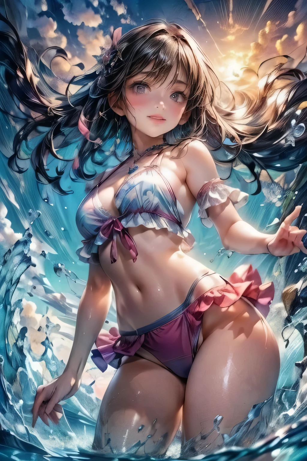 an animated image of the sexy anime girl in a ビキニ jumping in 水, 1人の女の子, 一人で, 水着, 胸, ビキニ, 屋外, 茶髪, 視聴者を見る, へそ, 胸の谷間, 笑顔, フリル, 前髪, 水, 日, medium 胸, frilled ビキニ, 太ももの隙間, ホルターネック, pink ビキニ, 空, 赤面