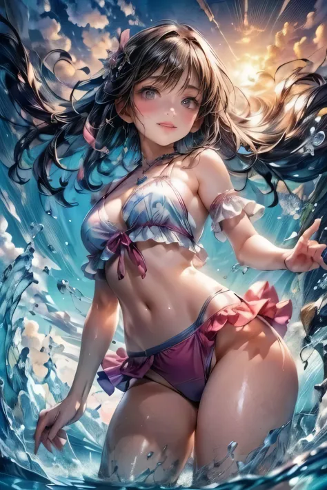 an animated image of the sexy anime girl in a bikini jumping in water, 1girl, solo, swimsuit, breasts, bikini, outdoors, brown h...
