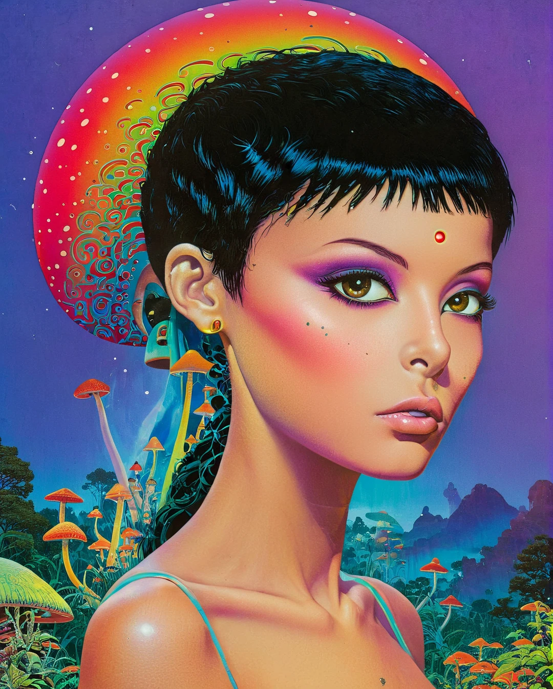 Uma mulher rebelde da Arábia Saudita, seu cabelo preto penteado em um visual inspirado no punk rock, complementa seus olhos castanhos e pele bronzeada clara. A imagem, possivelmente uma pintura vibrante ou uma fotografia impressionante, captura seu estilo ousado e único com precisão. Cada detalhe, desde suas roupas ousadas até sua aparência não convencional, exala um ar de confiança e individualidade. A alta qualidade da imagem permite que os espectadores apreciem verdadeiramente a essência de sua beleza e autoexpressão não convencionais..., Moebius (Jean Giraud) Estilo - Uma foto de Jean GiRaud Moebius, ((obra de arte)), ((melhor qualidade)), (obra de arte, mais alta qualidade), (obra de arte), (obra de arte, melhor qualidade),estilo futurista Uma bela ilustração da matemática de um alienígena tatuado, arte digital, cores do arco-íris, very detalhado face, floresta mágica de cogumelos ao fundo .lustroso, moderno, ultramoderno, alta tecnologia, detalhado, maquiagem luz negra PsyAI, psicodélico, Arte Visionária, DMT, Estilo LSD de Moebius

