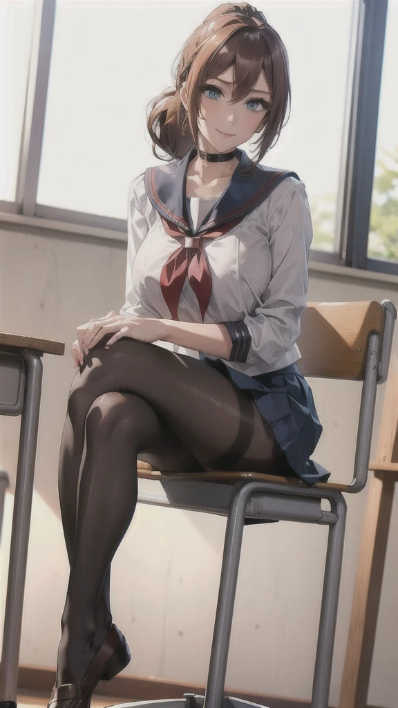 ((high school girl)),((school uniform)),((White blouse)),(((Pleated mini skirt))), ((A shy smile)),((Beautiful feet)),((Beautiful legs)),Ultra-high resolution, Mature Woman, Mature Woman, Very detailed, ((Big Breasts)), Perfect hands, Detailed fingers, Beautiful details, (((Sailor suit))),((Long Hair)),((ponytail)),Black choker, Earrings,loafers,(Black Pantyhose), (Black Stockings),Perfect Eyes, Seductive eyes, School classroom,Standing in front of the pulpit