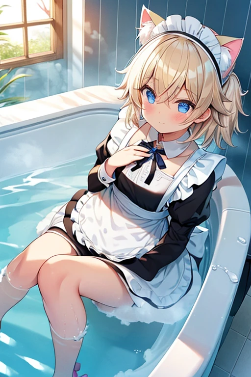 (Ultra high quality:1.6), (Highest quality:1.6), (Attention to detail:1.4), (Ultra-high resolution:1.6), (Detailed face:1.6), (Perfect Face:1,5), (Beautiful Eyes:1,6), (Detailed eyes:1.6), (Maid clothes, White apron, Headband, Black Dress, Blue ribbon, Maid clothes, Classic, Small breasts, Long:1.4), (白と黒のMaid clothes:1.6), (Blonde, Blue Eyes, Cat ear:1.5), cute, The best smile, Soaking wet, (Water droplets all over the body:1.4), (全身White foamまみれ:1.4), (Swimming in clothes, bathing, Bathroom, Longの浴槽:1.6), (relax, Relax:1.6), (Bubble bath:1.4, White foam:1.4), (Maid clothesのまま浴槽に浸かる:1.4), 衣服にもWhite foam, (Submerged from toes to chest:1.6), shampoo, Body Soap, 