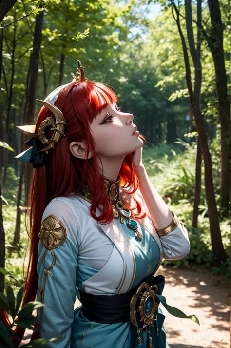 1 girl, nilou from genshin impact,under the shades of trees, looking up, leaves shadow on face, red hair