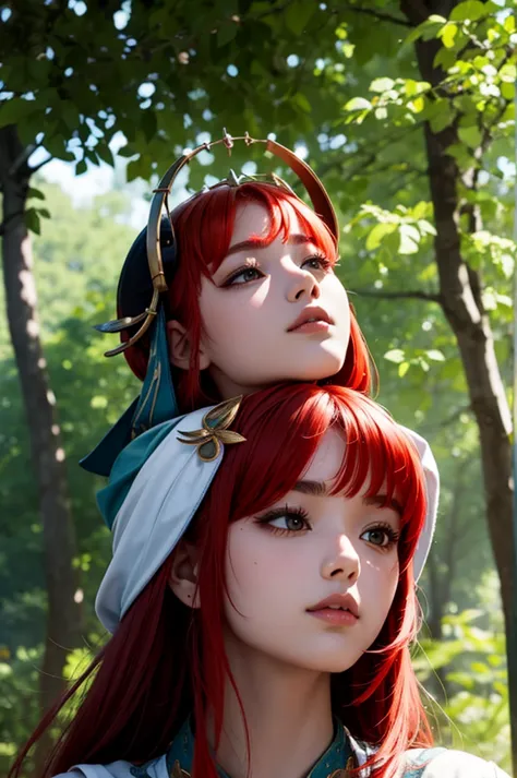 1 girl, nilou from genshin impact,under the shades of trees, looking up, leaves shadow on face, red hair, pretty face,
