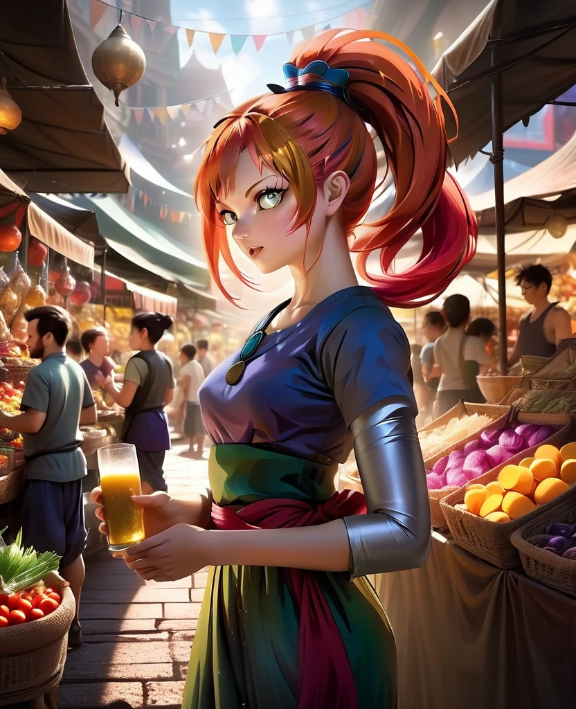 art in  4D vivid colors atmosfera oleosa sombria art sexy zaki + vegeta DBZ 
fênix Portrait front view of a girl standing in a mystical marketplace, with red silver hair in a flowing ponytail, in a dynamic pose, she is holding a glass of bubbling potion out to the viewer, in the background are busy vendors, and magical light and smoke from the various market stalls. trending on artstation, sharp focus, studio photo, intricate details, highly detailed, 