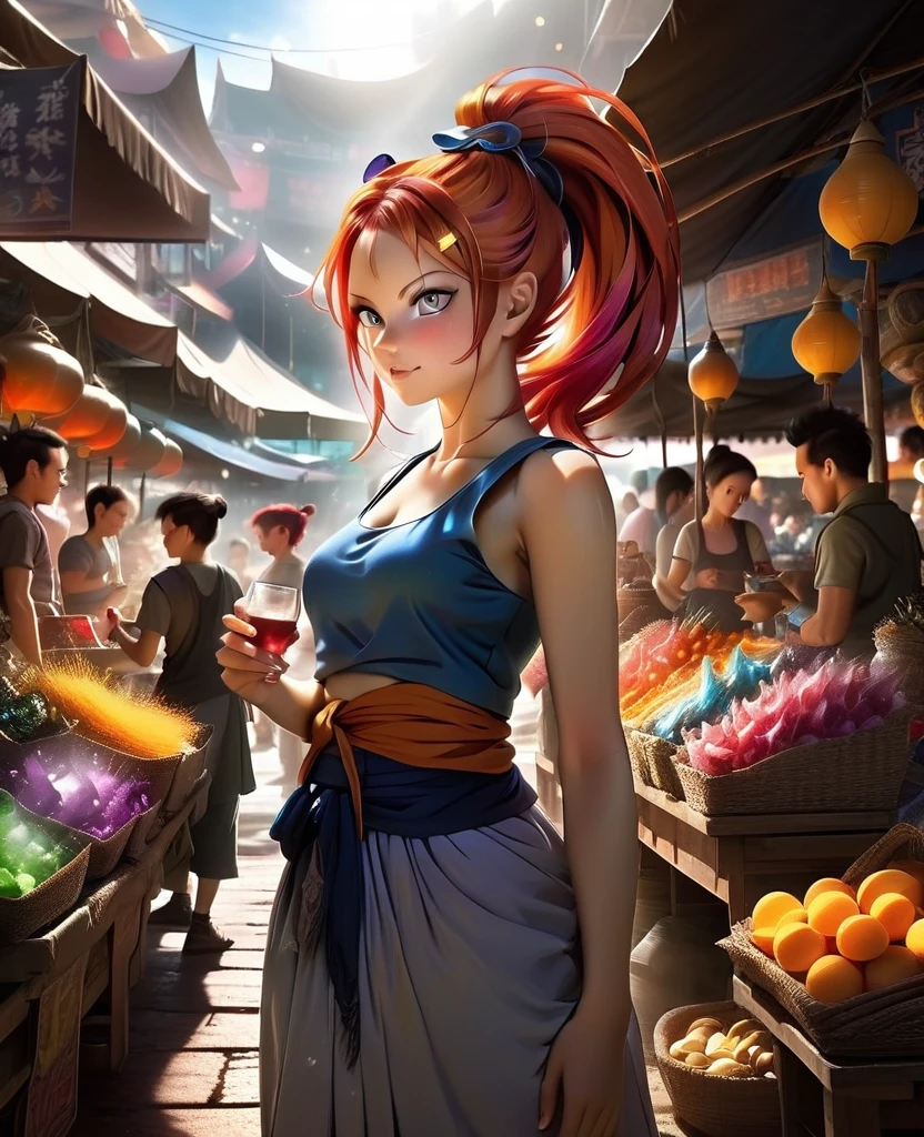 art in  4D vivid colors atmosfera oleosa sombria art sexy zaki + vegeta DBZ 
fênix Portrait front view of a girl standing in a mystical marketplace, with red silver hair in a flowing ponytail, in a dynamic pose, she is holding a glass of bubbling potion out to the viewer, in the background are busy vendors, and magical light and smoke from the various market stalls. trending on artstation, sharp focus, studio photo, intricate details, highly detailed, 