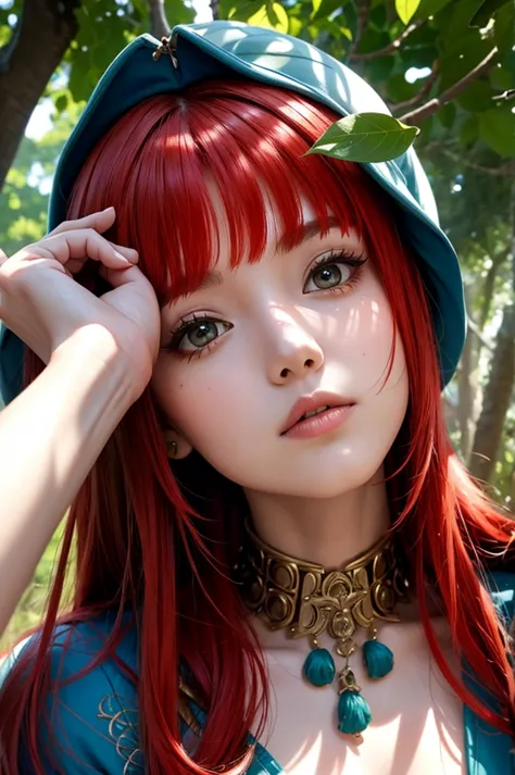 1 girl, nilou from genshin impact,under the shades of trees, looking up, leaves shadow on face, red hair, pretty face,