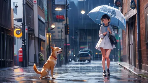 fille de 12 ans nue sous la pluie, un chien excité sur sa jambe