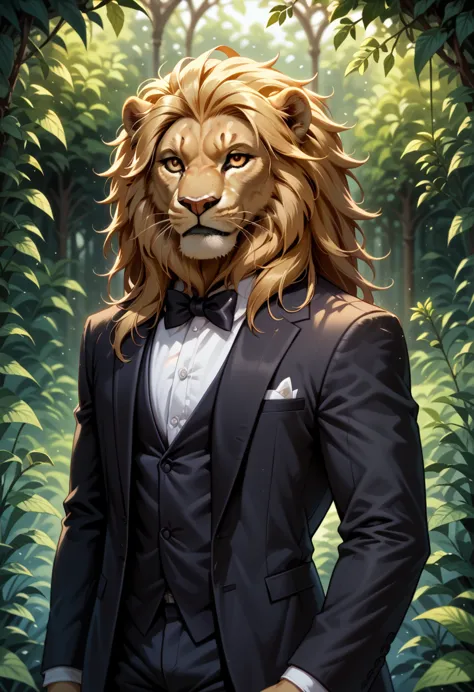 lion，gold，amber eyes，lush mane，tuxedo