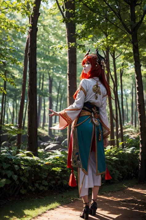 1 girl, nilou from genshin impact,under the shades of trees, looking back pose, leaves shadow on face, red hair, pretty face,