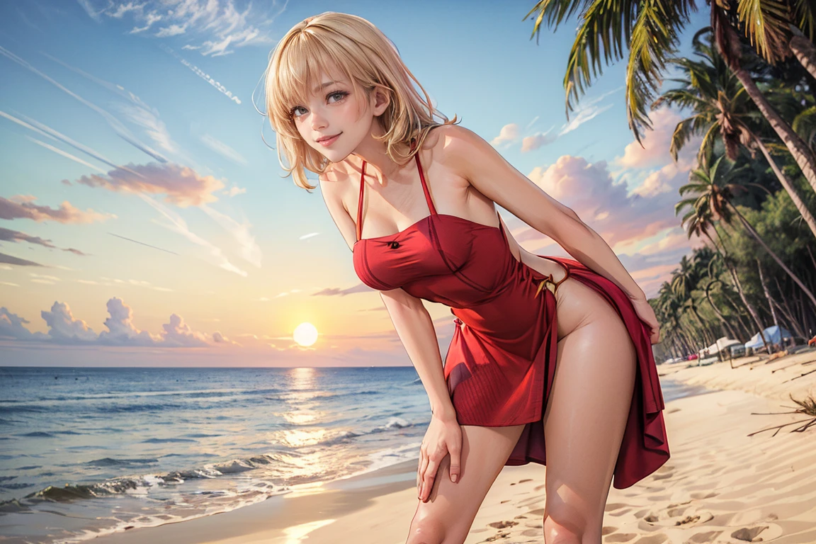 masterpiece, photorealistic:1.4, beautiful 22 year old woman, , elegant, beautiful,  blond_hair,   blonde,  sunset, red_dress,   long_hair, standing, arms_behind_back,  smiling,   thin, slim,
  medium_breasts, bangs,  extremely detailed artgerm, photorealistic perfect body,detailed skin,beach, sunset, clouds,,skin blemish, edgSDress, legs_together, leaning forward
