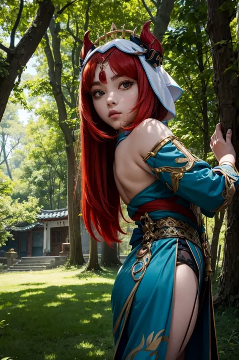 1 girl, nilou from genshin impact,under the shades of trees, looking back pose, leaves shadow on face, red hair, pretty face, ha...